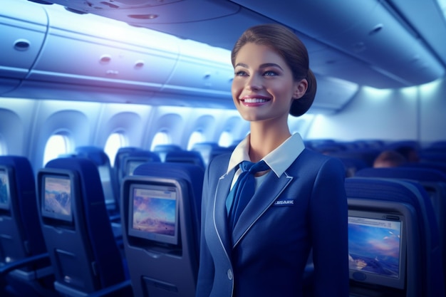 Szczęśliwa stewardesa pomagająca pasażerom na Generative ai