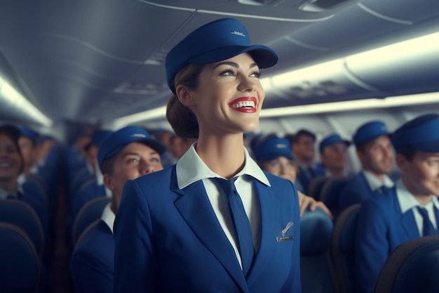 Szczęśliwa stewardesa pomagająca pasażerom na Generative ai