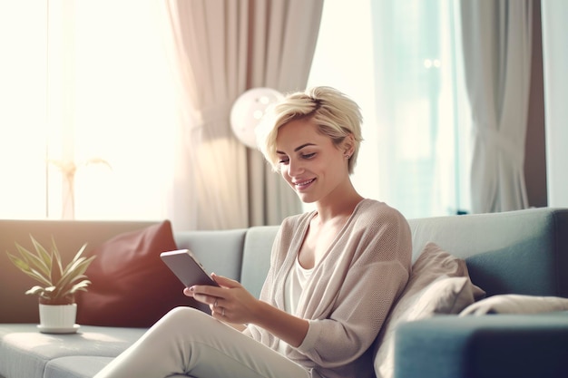 Szczęśliwa, swobodna, piękna kobieta patrząca na smartfon siedząc na kanapie w salonie w domu Stworzona za pomocą generatywnej AI generacji AI