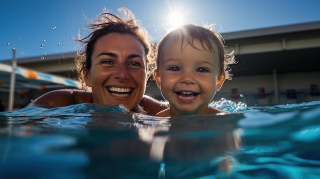 Szczęśliwa trenerka i dziecko w basenie uczą się pływać dla dzieci