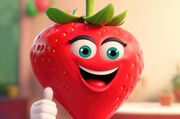 Zdjęcie szczęśliwa truskawkowa postać z kreskówki pokazująca aprobaty ai