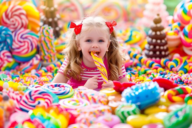 Zdjęcie szczęśliwa, urocza dziewczynka je cukierki i słodycze.