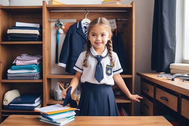 Zdjęcie szczęśliwa, urocza dziewczynka przygotowująca mundur do szkoły.