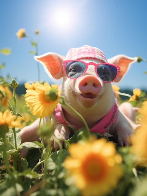 Zdjęcie szczęśliwa, urocza świnia w letni dzień.
