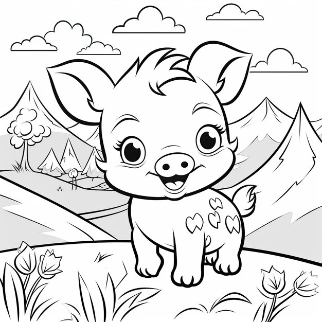 Zdjęcie szczęśliwa urocza świnia w stylu chibi kolorowanie strony ai generowane zdjęcie