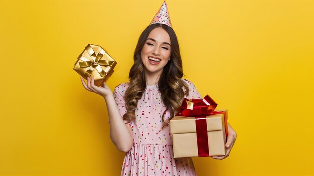 Szczęśliwa urodzinowa dziewczyna w sukience pozująca z prezentami