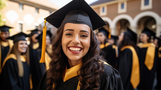 Szczęśliwa uśmiechnięta absolwentka w akademickiej sukience stojąca przed innymi absolwentami