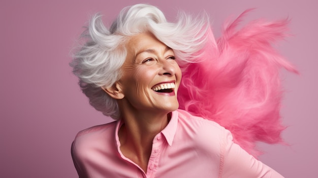 Szczęśliwa uśmiechnięta dojrzała kobieta na różowym tle