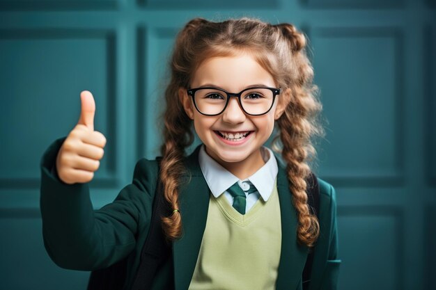 Szczęśliwa uśmiechnięta dziewczyna w okularach z kciukiem do góry idzie po raz pierwszy do szkoły. Dziecko z tornisterem i książką. Powrót do szkoły