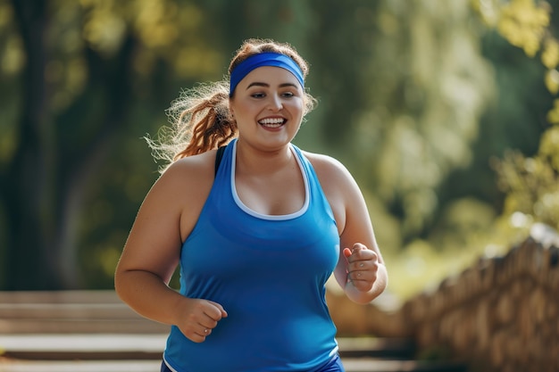 Szczęśliwa uśmiechnięta kobieta z nadwagą biegająca w parku latem Portret wesołej, pięknej, tłustej, grubej, grubej młodej damy w niebieskim staniku sportowym i pasku do pocie biegnącej po kamiennych schodach w zielonym parku miejskim