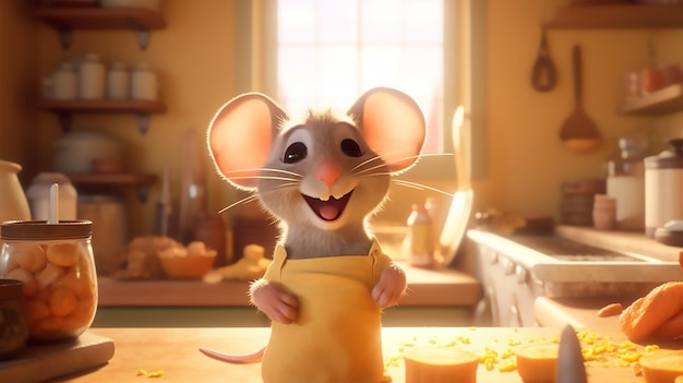 Szczęśliwa uśmiechnięta mysz stojąca za licznikiem w ich kuchni w zachodzie słońca