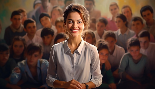 Szczęśliwa uśmiechnięta nauczycielka urocza młodzi ludzie edukacja słowiański wygląd zdjęcie młodego teache