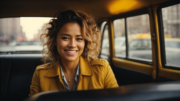 Zdjęcie szczęśliwa uśmiechnięta pasażerka taksówki.