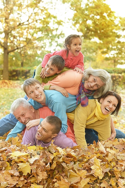 Szczęśliwa uśmiechnięta rodzina relaksuje się w jesiennym parku