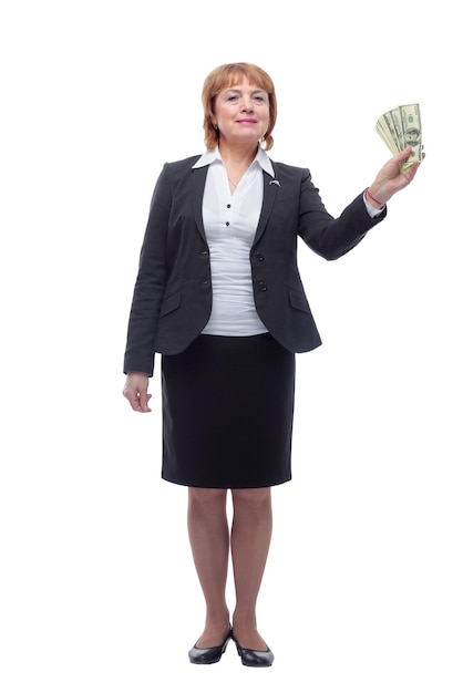 Szczęśliwa Wesoła Bizneswoman W Czarnym Garniturze Trzymająca Pieniądze Na Białym Tle