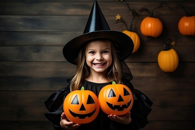 Szczęśliwa, wesoła dziewczynka przebrana za wiedźmę lub złą czarodziejkę w makijażu bawi się podczas obchodów Halloween Świąteczny kostium Jack Lantern