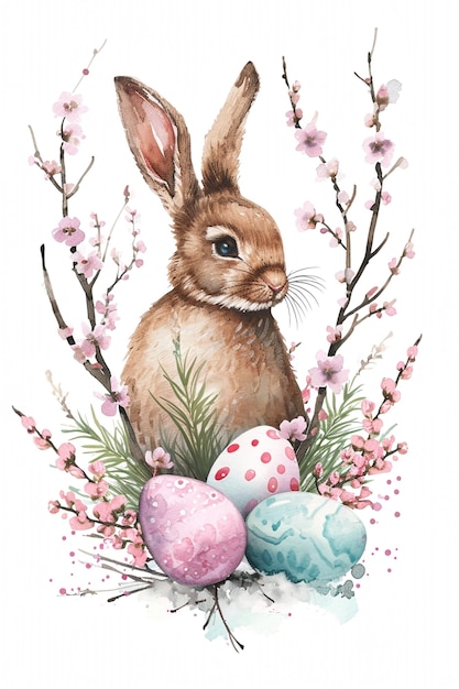 Zdjęcie szczęśliwa wielkanoc ręcznie narysowana akwarela z jajkami wielkanocnymi kwitnącymi kwiatami i uroczym królikiem szablon plakatów świątecznych wiosny z króliki w pastelowych kolorach z przestrzenią do kopiowania tekstu raster
