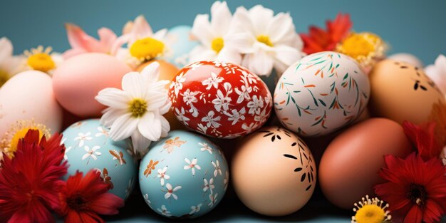 Szczęśliwa Wielkanocna kartka z kolorowymi pomalowanymi jajkami wielkanocnymi z różnymi kwiatowymi wzorami wyjątkowymi
