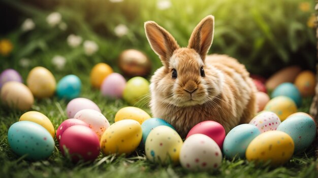 Zdjęcie szczęśliwa wielkanocna kartka z uroczym żółtym kurczakiem, kolorowymi jajkami, królikiem i królikiem, zwierzęcą przyrodą, świąteczną postacią z kreskówek, wektorem