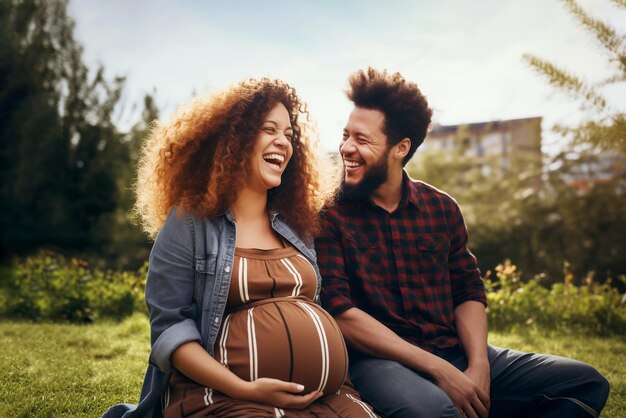 Szczęśliwa wielokulturowa para piękna w ciąży młoda mulatowa kobieta i jej afroamerykański mąż