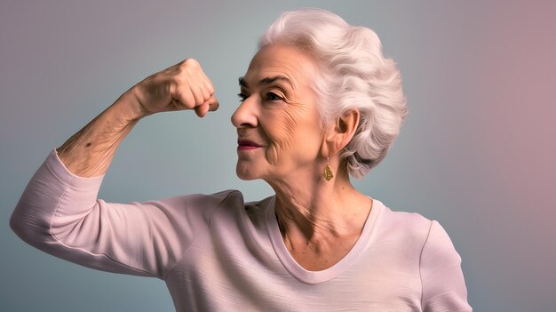Zdjęcie szczęśliwa, zdrowa i silna starsza kobieta z mięśniami bicepsów.