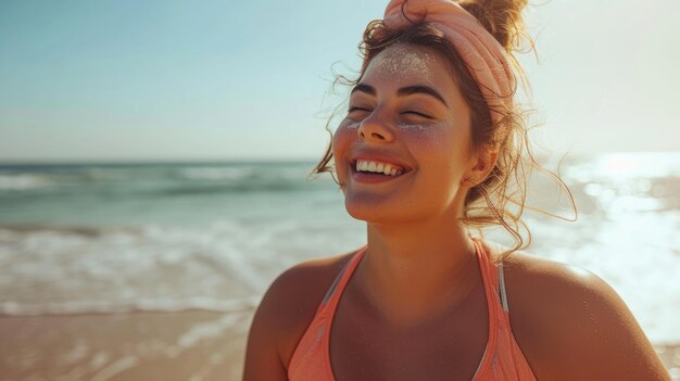 Szczęśliwa, zdrowa kobieta ciesząca się weekendem na plaży z letnim słonecznym dniem i pustą przestrzenią Generatywna sztuczna inteligencja