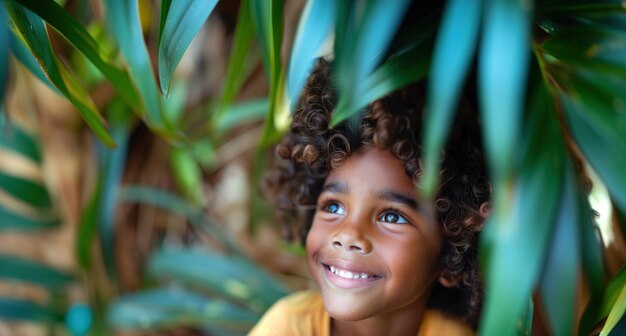 Zdjęcie szczęśliwe afrykańskie dziecko wśród tropikalnej roślinności dzieci i przyrody