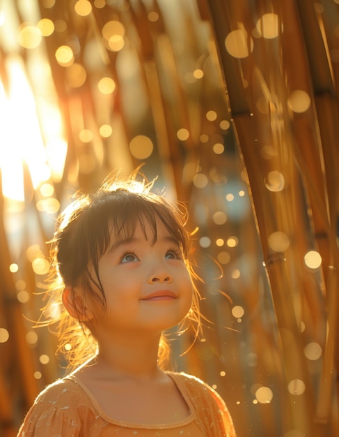 Zdjęcie szczęśliwe azjatyckie dziecko dziewczyna w świetle słońca wśród łodygi bambusa dzieci i natura