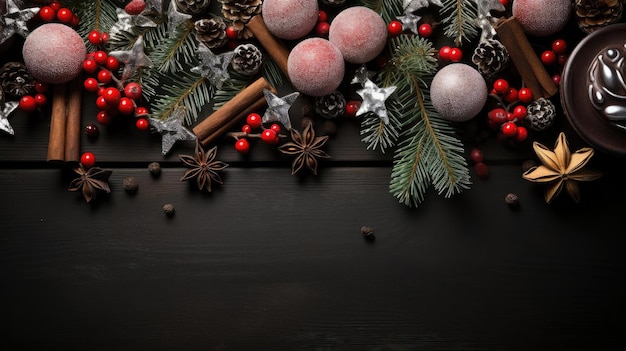 szczęśliwe Boże Narodzenie tło z koncepcją roślin i ozdób świątecznych na czarnym tle