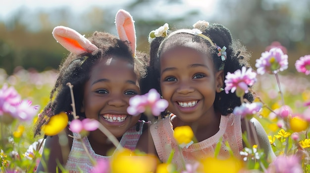 Szczęśliwe czarne siostry przebrane za króliki na Wielkanoc i idą razem na polowanie na jaja Generative Ai