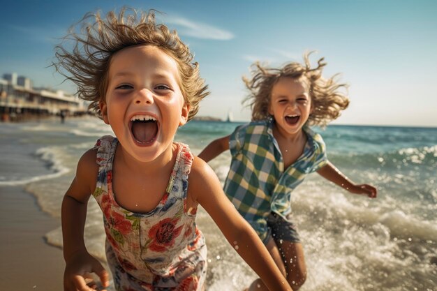Zdjęcie szczęśliwe dzieci bawiące się na brzegu plaży.