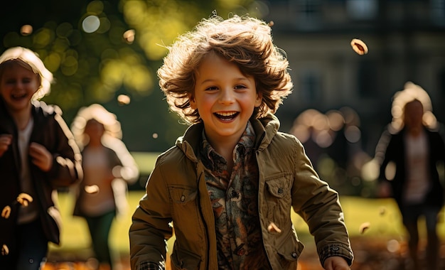Szczęśliwe dzieci bawiące się w słonecznym parku generatywne IA