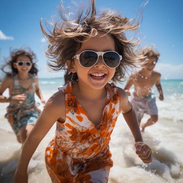 szczęśliwe dzieci biegają po plaży nad morzem w piękny letni dzień
