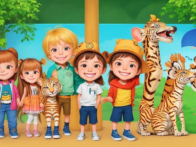 Szczęśliwe dzieci i dzikie tapety tła w zoo Ai Generated