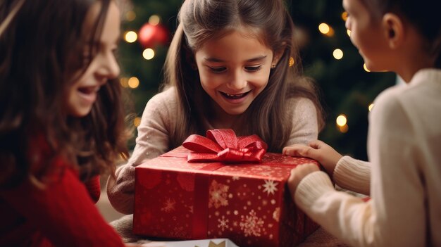 Szczęśliwe dzieci i zadowoleni rodzice otwierają prezenty świąteczne Wesołych Świąt i Wesołego Nowego Roku