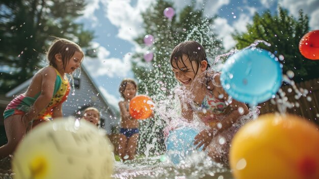 Szczęśliwe dzieci mają zabawne przyjęcie z balonem wodnym na podwórku.