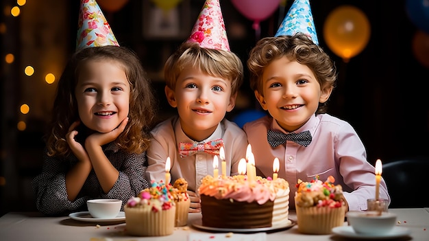 Szczęśliwe dzieci na urodzinowej imprezie z ogromnym ciastkiem świętującym razem z balonami