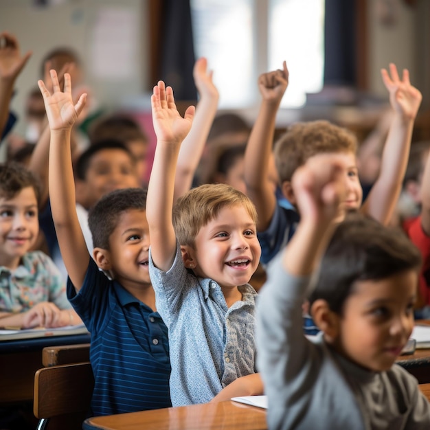 szczęśliwe dzieci podnoszące ręce w klasie