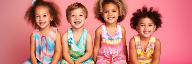 Szczęśliwe dzieci śmieją się razem w kolorowej, zwykłej modzie.