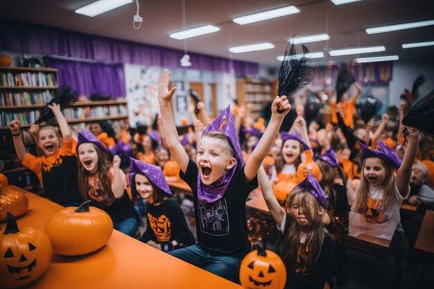 Szczęśliwe dzieci świętujące Halloween w klasie