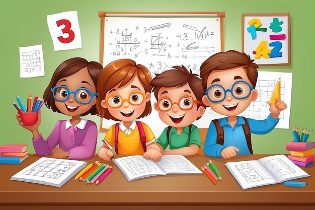 Szczęśliwe dzieci uczą się ilustracji matematycznych