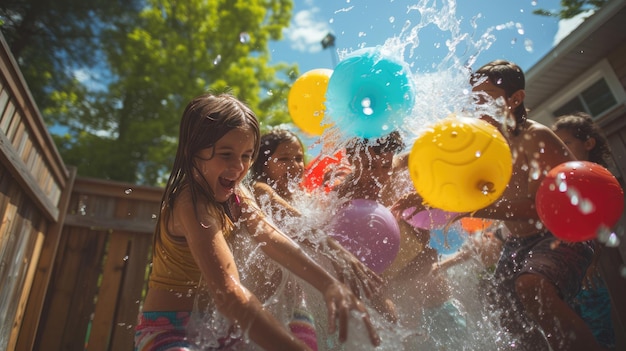 Szczęśliwe dzieciaki mają zabawne przyjęcie z balonami wodnymi na podwórku AIG41