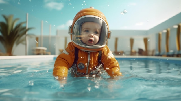 Zdjęcie szczęśliwe dziecko astronauta leci w zerowej grawitacji na ulicy miasta