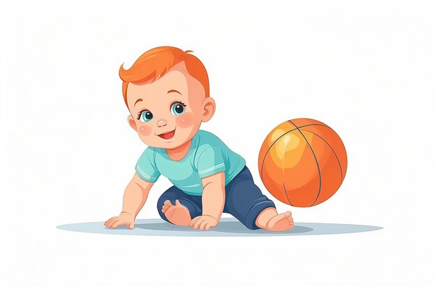 Szczęśliwe dziecko bawi się piłką na podłodze płaska ilustracja wektorowa izolowana na białym tle