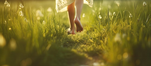 Szczęśliwe dziecko biegające boso na świeżym powietrzu po zielonej trawie o zachodzie słońca, reprezentujące koncepcję radosnego dzieciństwa