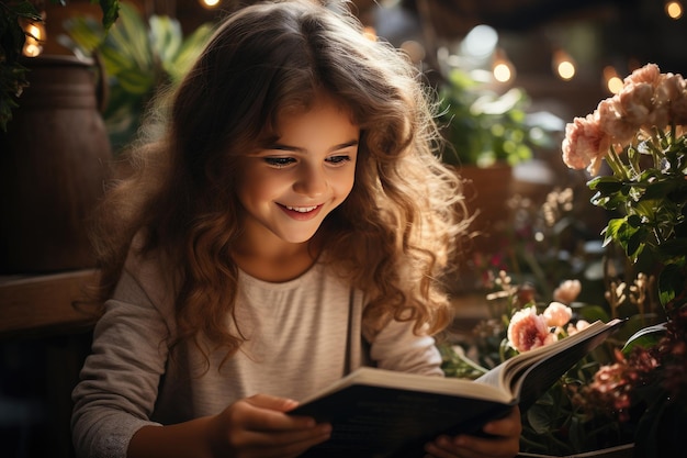 Szczęśliwe dziecko czyta książkę i uśmiecha się w domu Czytając historię, siedząc na kanapie w domu Utworzono przy użyciu generatywnej sztucznej inteligencji