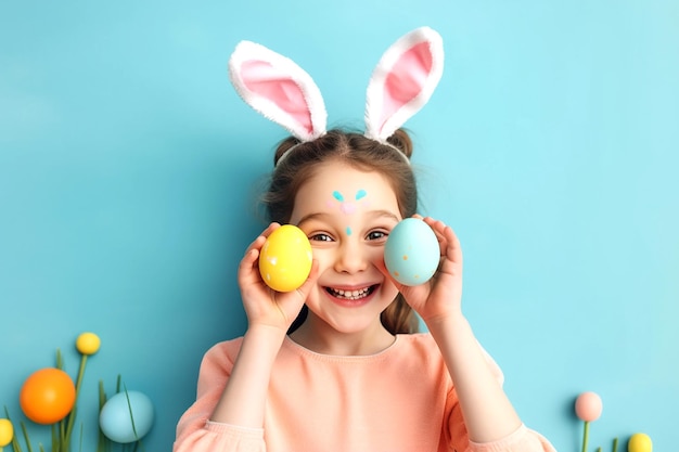 Szczęśliwe dziecko dziewczynka z uszami królika trzymające pisanki w twarz na niebieskim tle Generative AI