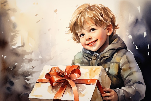 Szczęśliwe dziecko otwierające prezent na Boże Narodzenie Christmas background