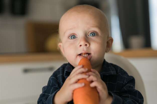 Szczęśliwe dziecko siedzi w krzesełku i je marchewkę w kuchni Zdrowe odżywianie dzieci Bio marchewka jako pierwszy pokarm stały dla niemowlęcia Dzieci jedzą warzywa Mały chłopiec gryzie surowe warzywa