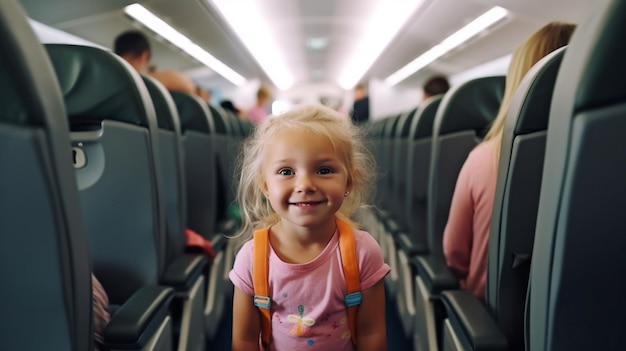 Szczęśliwe dziecko stojące w przejściu samolotu Generative AI